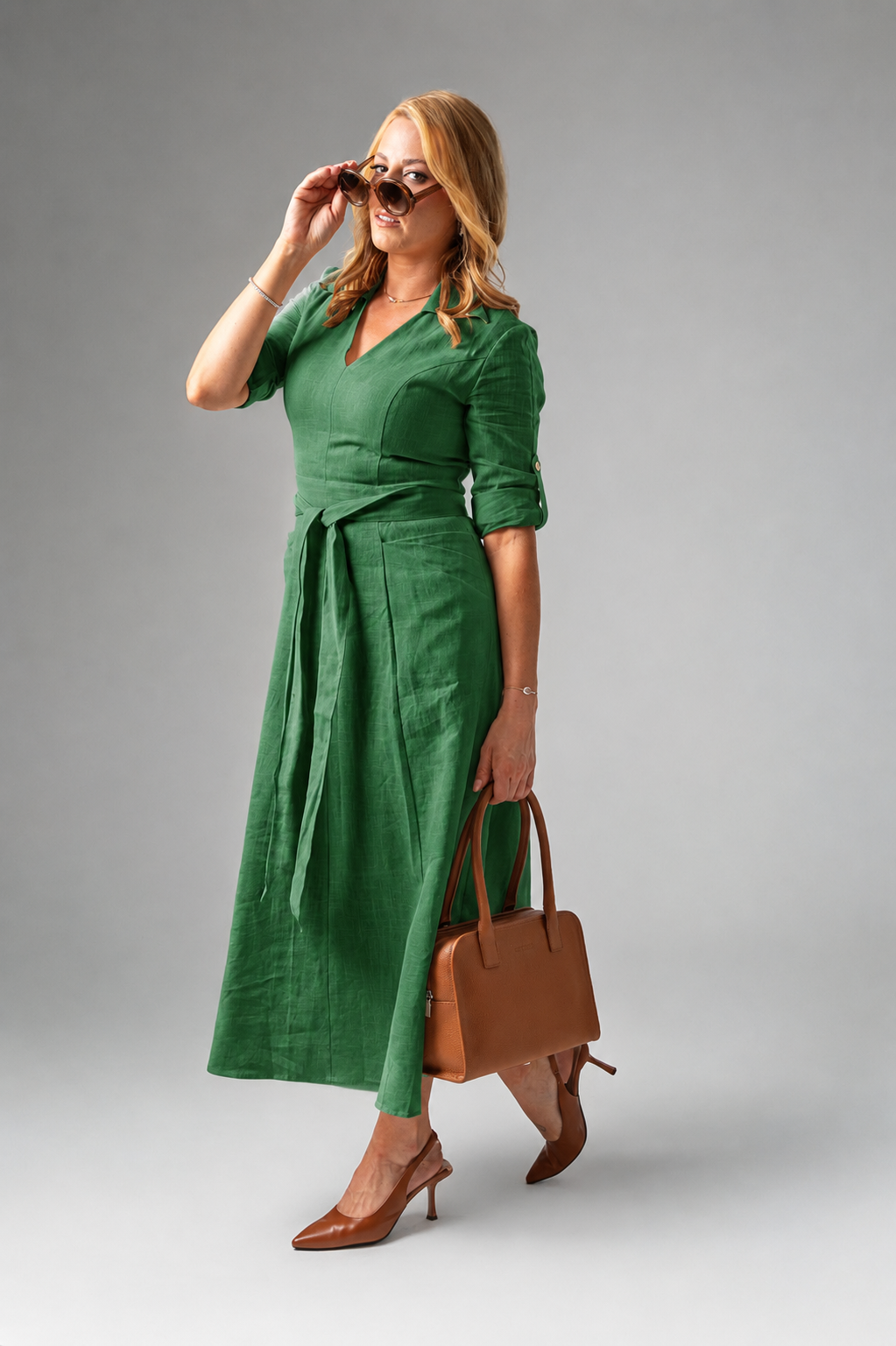 Tencel Linen Maxi Dress with collar and pleated pockets green